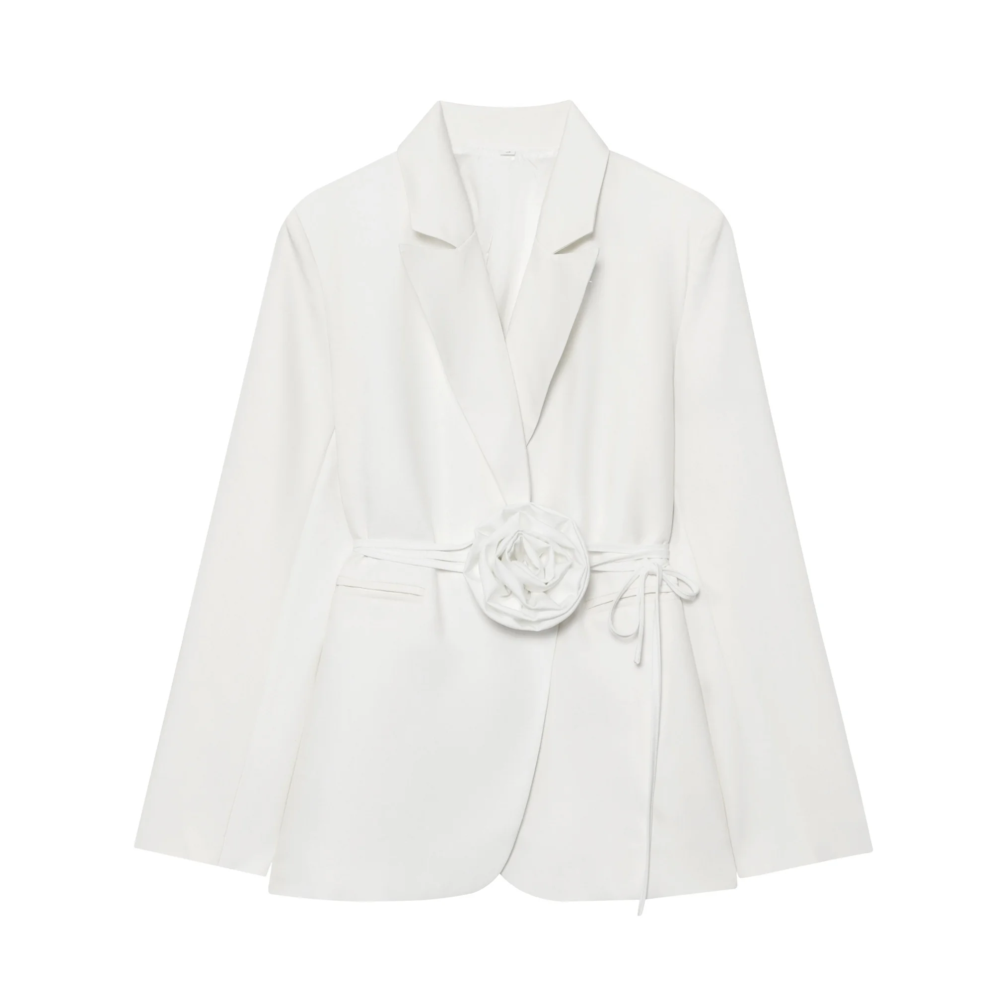 Damska jesienna nowa marynarka z klapami, trójwymiarowym kwiatowym wiązaniem w talii, podkreślona talia, styl do pracy.