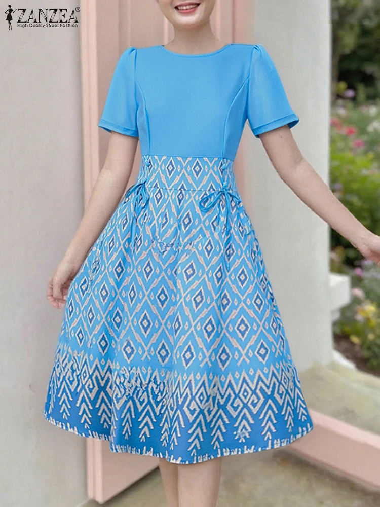 Zanzea boêmio meados de bezerro vestidos femininos verão elegante impresso vestidos longos 2025 moda vintage casual manga curta festa robe