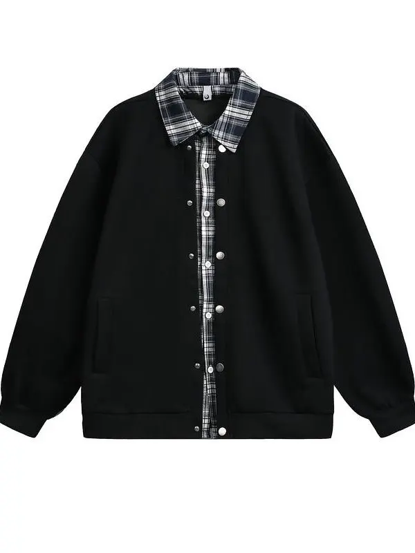 Trendy Plaid Splicing Open Cardigan Sweatshirt Men's Autumn 2026 Retro Versatile Casual Collar Jacket Outerwear