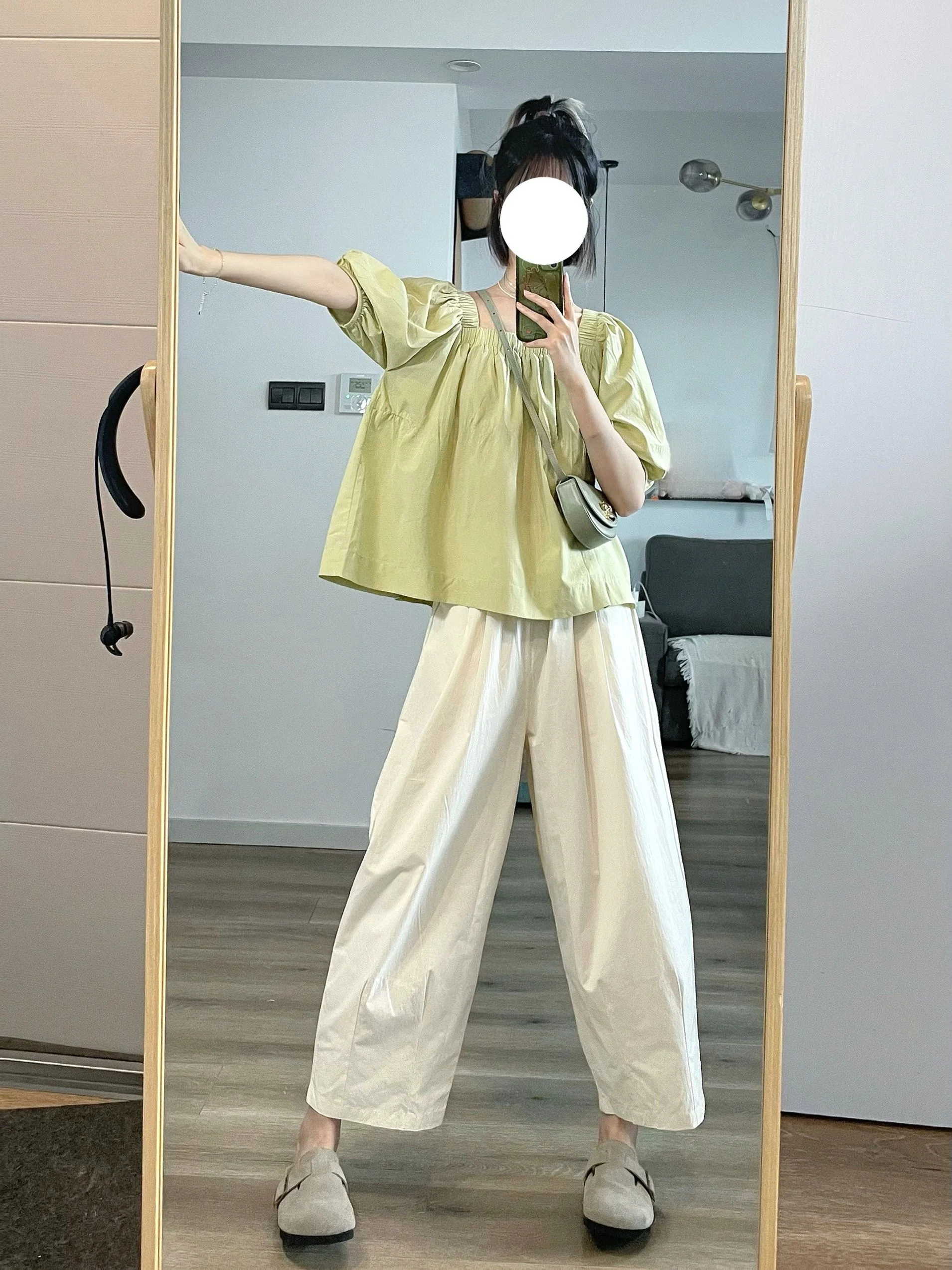 

Fashionable Mint Green Square Collar Bubble Sleeve Shirt Wide Leg Pants Set Women Anti Aging Small Size Summer Outfit Combina...