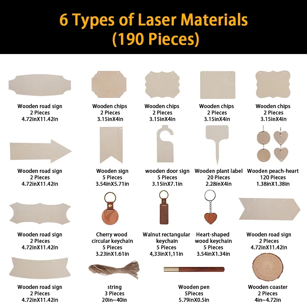 10 Sets Wooden Material Self Selection Kit (190Pcs) for Laser Engraving Machine Daily Home Diy Consumable Power Tool Accessories