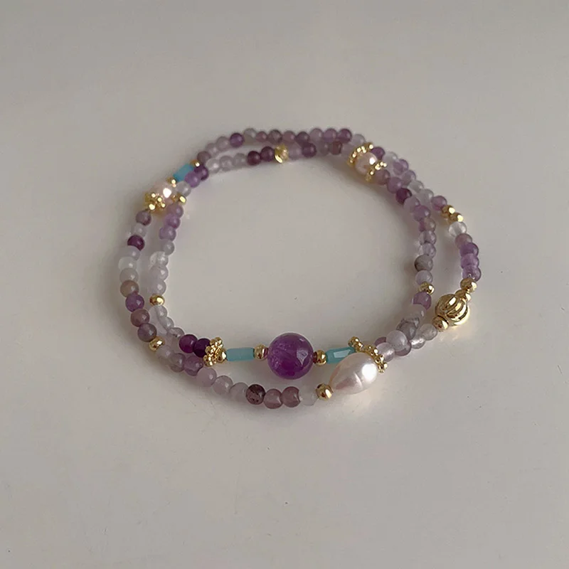 

Vintage Natural Pearl Purple Crystal Stone Elastic Rope Beaded Bracelet New Bangles for Women French Style Jewelry Accessories
