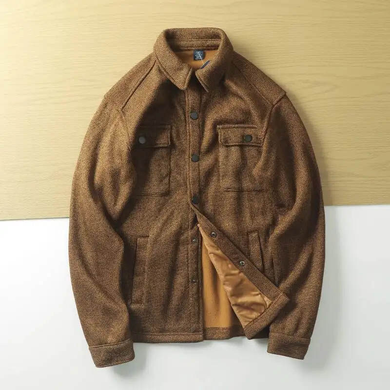 

Fall WInter Men's Knitted Waffle Fleece-Lined Warm Shirt Jacket with Chest Pocket Turn-Down Collar Workwear Shirts for Man