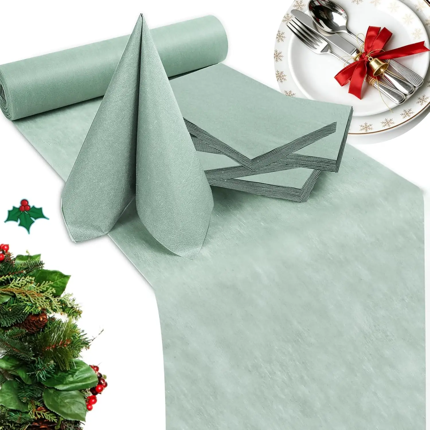Tafeldecoratie servetten decoratieset 25 m x 30 cm Groen Bruiloftsdecor Flizelin Tread Ornamenten, communieornamenten, feestbenodigdheden, tuintafeldecoratie, doopaccessoires, decoratie voor