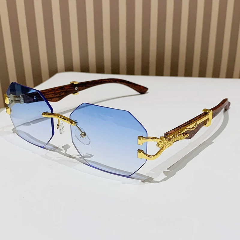 Hiking Rimless Square Anti Light Glasses Men With Polygon Gradient Eyeglasses Women 2024 Leopard Decoration Eyewear UV400