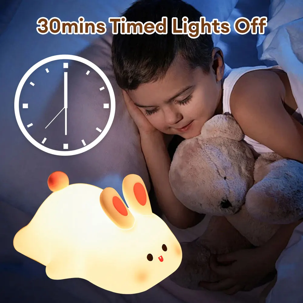 Imagem -02 - Cute Rabbit Silicone Night Lamp Touch Sensor Grande Face Rabbit Pat Night Light Timing Usb Recarregável Luz para o Presente das Crianças