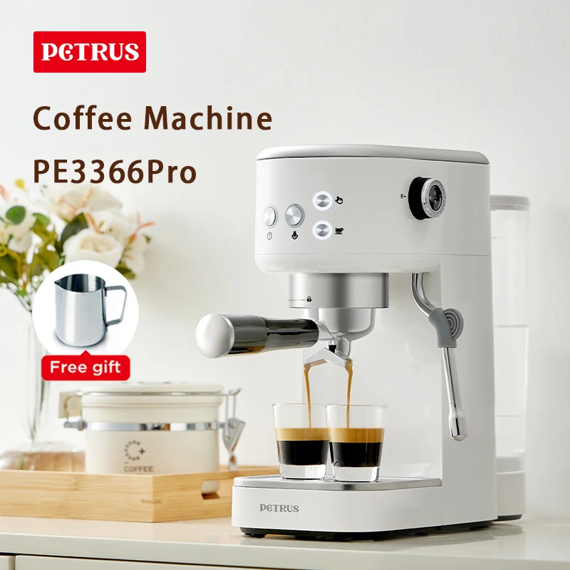 

Petrus Coffee Machine Compact Espresso Maker with Milk Frother Steam 1.3L Removable Water Tank for Cappuccino, Latte, Gift for D