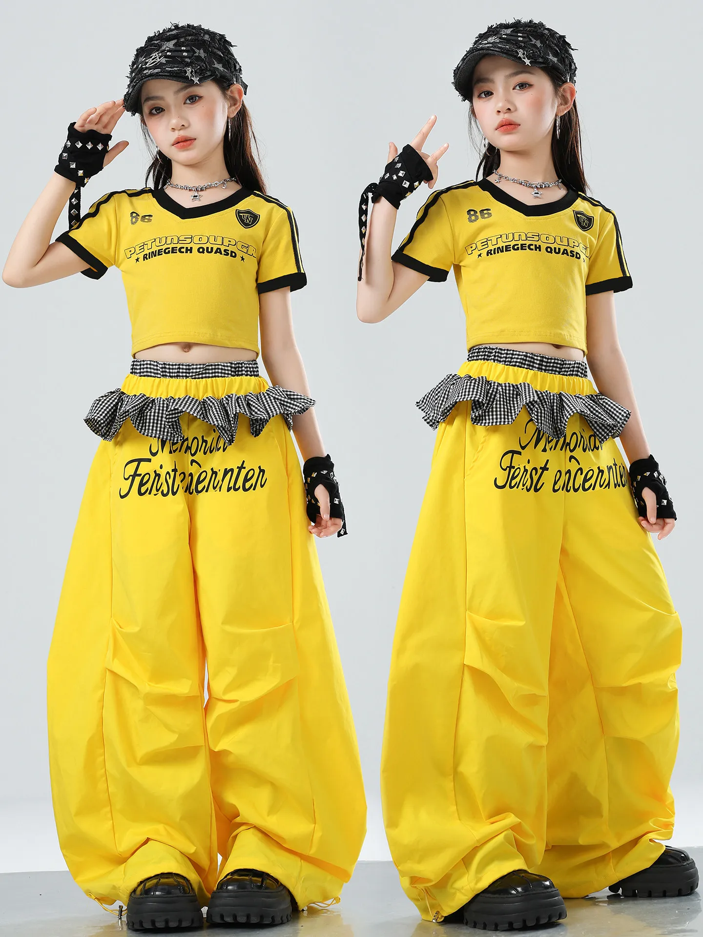 Children'S Day Ballroom Hip Hop Dance Costumes For Girls Group Yellow Crop Tops Loose Pants Suit Jazz Kpop Clothing XH4697