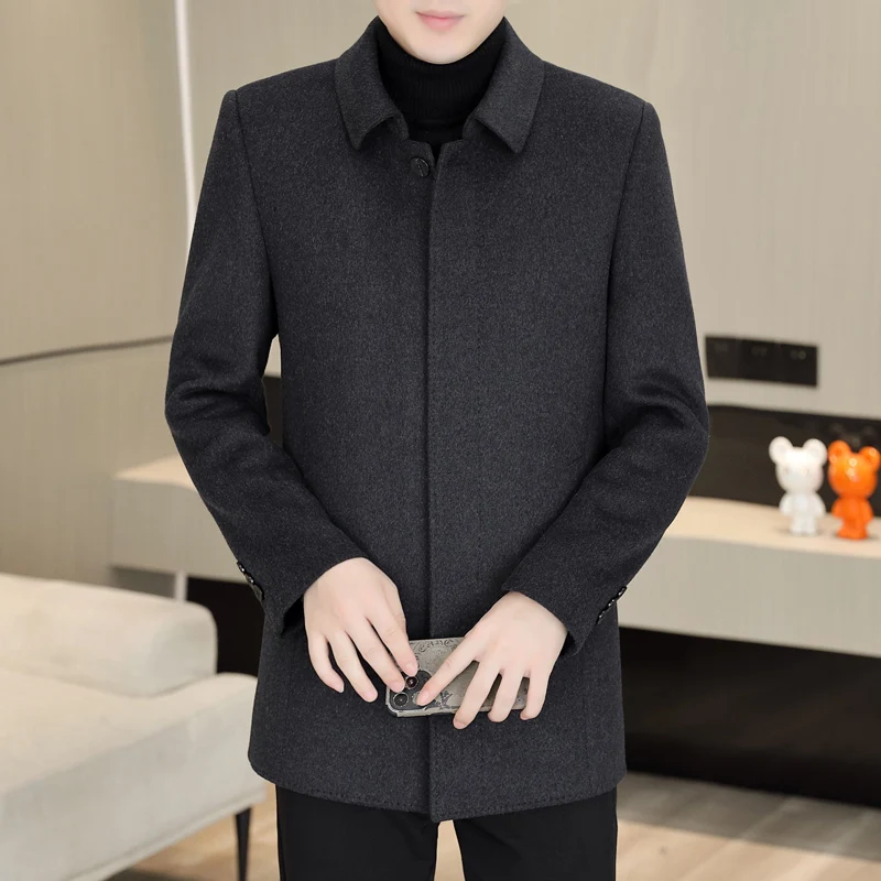 Men's double-sided tweed lapel wool coat, medium length, with a removable inner lining of 72% wool and 90% white duck down