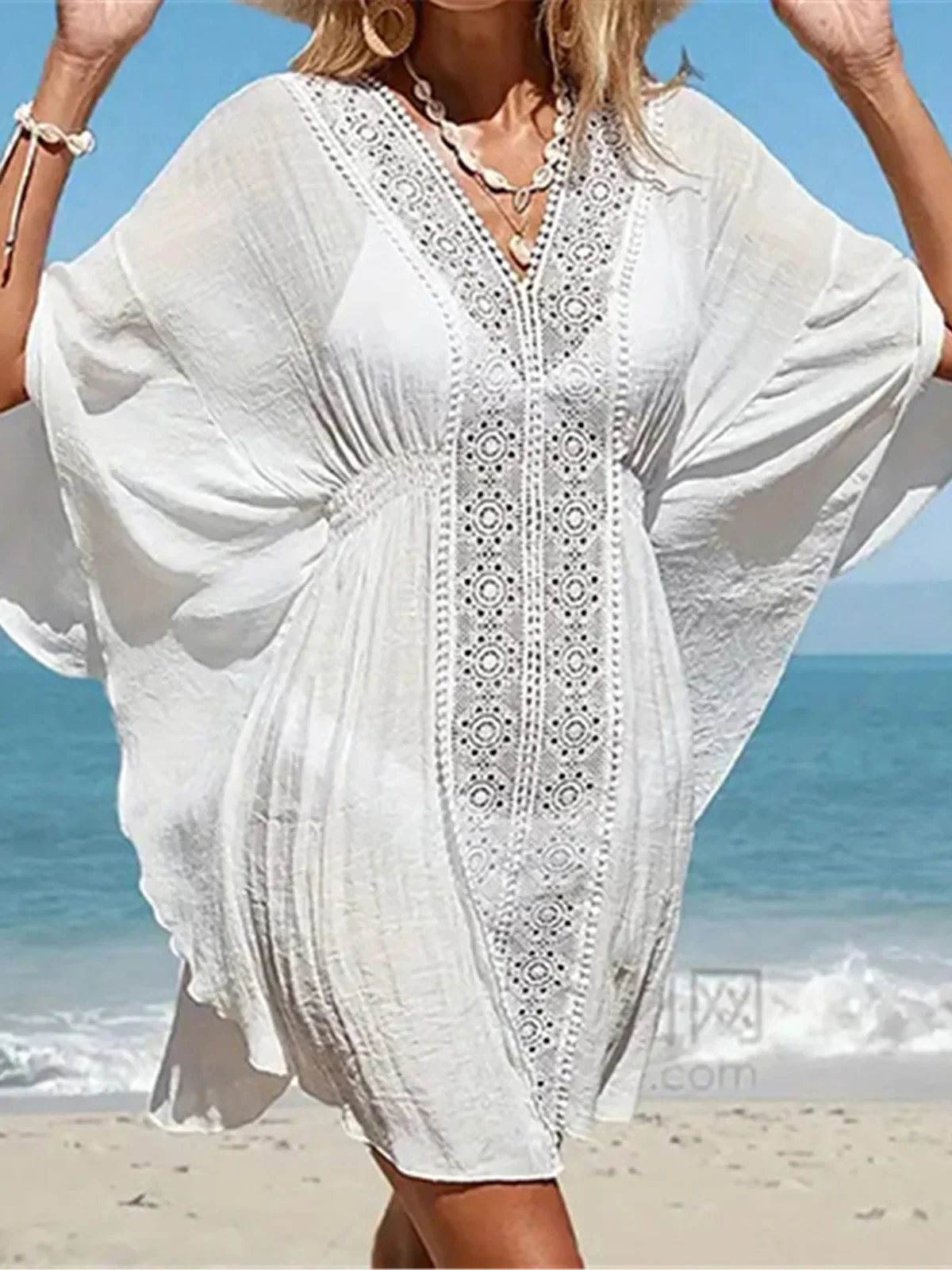 

V Neck Half Sleeve Hollow Out Crochet Knitted Tunic Beach Cover Up Cover-ups Beach Dress Beach Wear Beachwear Female Women K6283