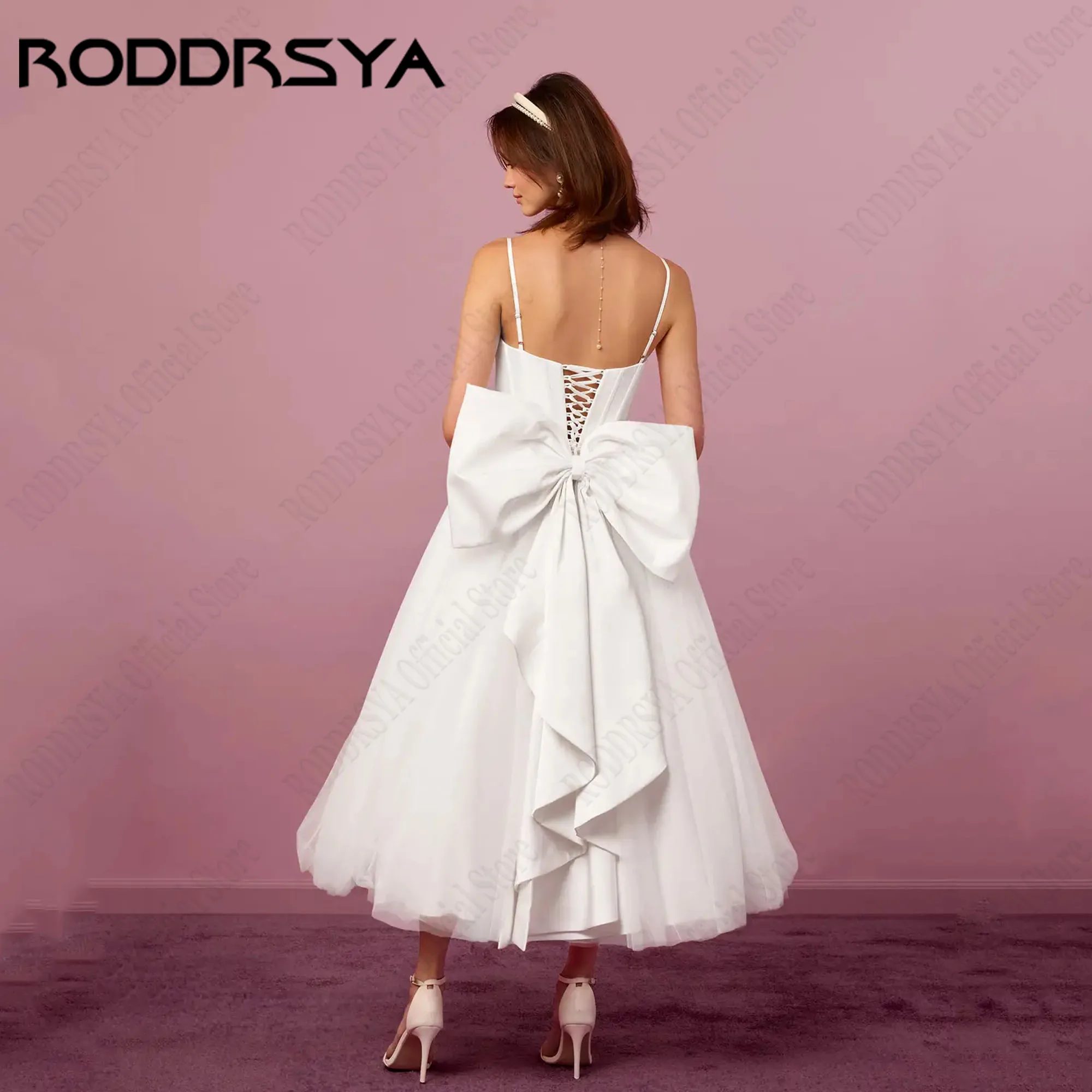 RODDRSYA A Linha Vestidos De Casamento Sem Mangas Com Arco Destacável Spaghetti Straps 3D Flor Noiva Vestidos Lace Up vestido Personalizado A linha de vestidos de casamento sem mangas com arco destacável cintas de espa