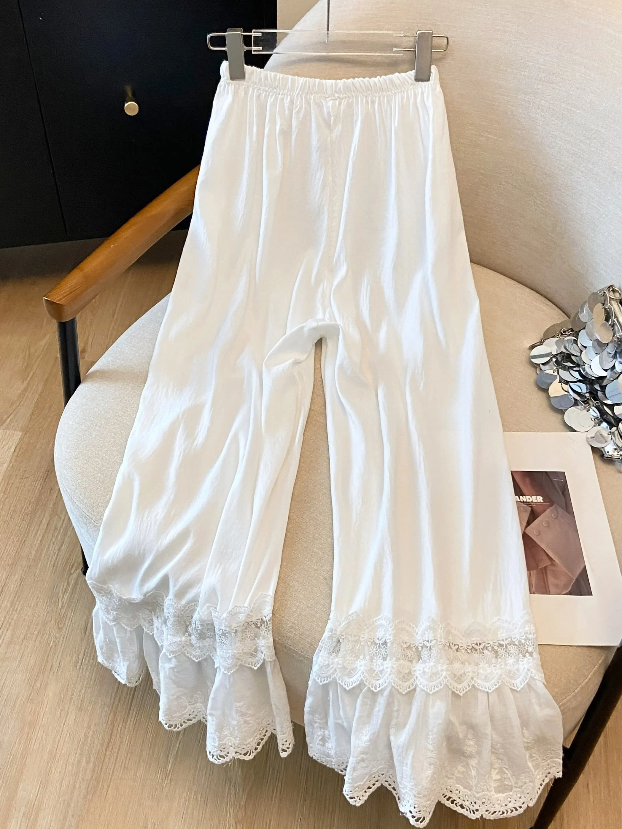 High Waist Patchwork Embroidered Lace Hollow Wide Leg Pants Women  Overlap Underwear Slimming Ruffle Cuff White Skirt