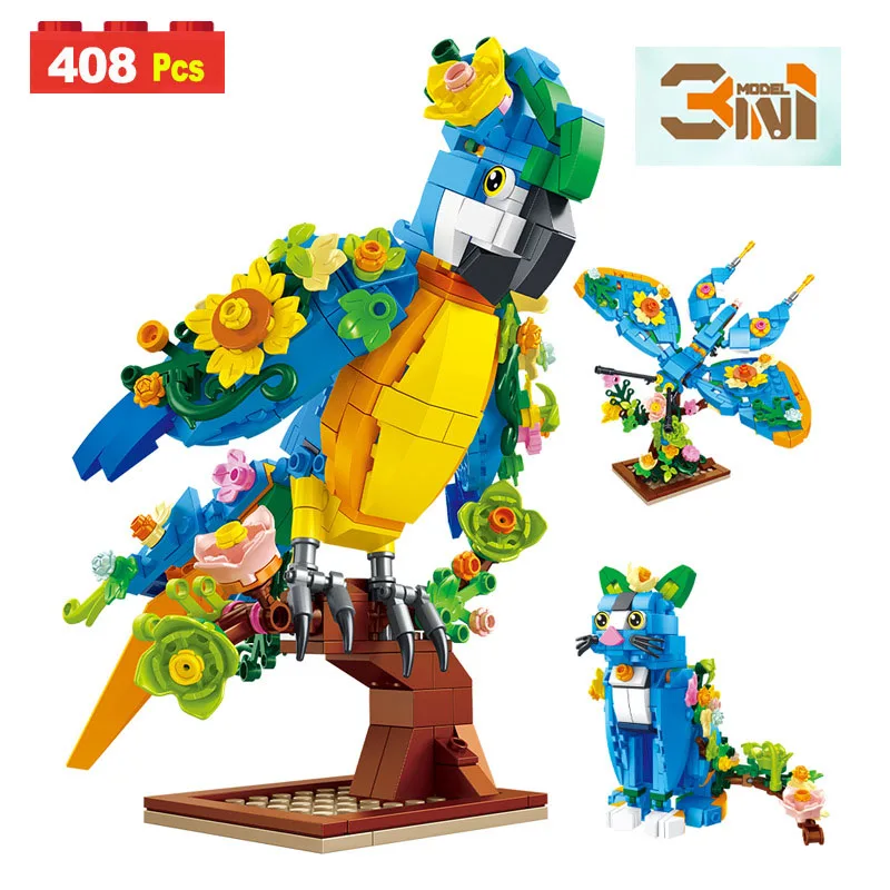 

3 в 1 серия джунглей, строительные блоки, наборы игрушек, попугай, бабочка, модель кота 3, трансформирующие кирпичи с животными, украшения, игрушки для детей, подарки