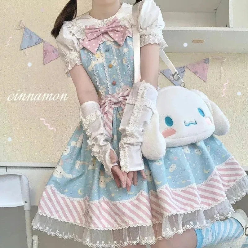 Sukienka Lolita Sanrio Anime Cinnamoroll Damska Kawaii Kreskówka Kuromi My Melody Kokarda Akcesoria Koronkowa Sukienka Księżniczki Prezent na Boże Narodzenie