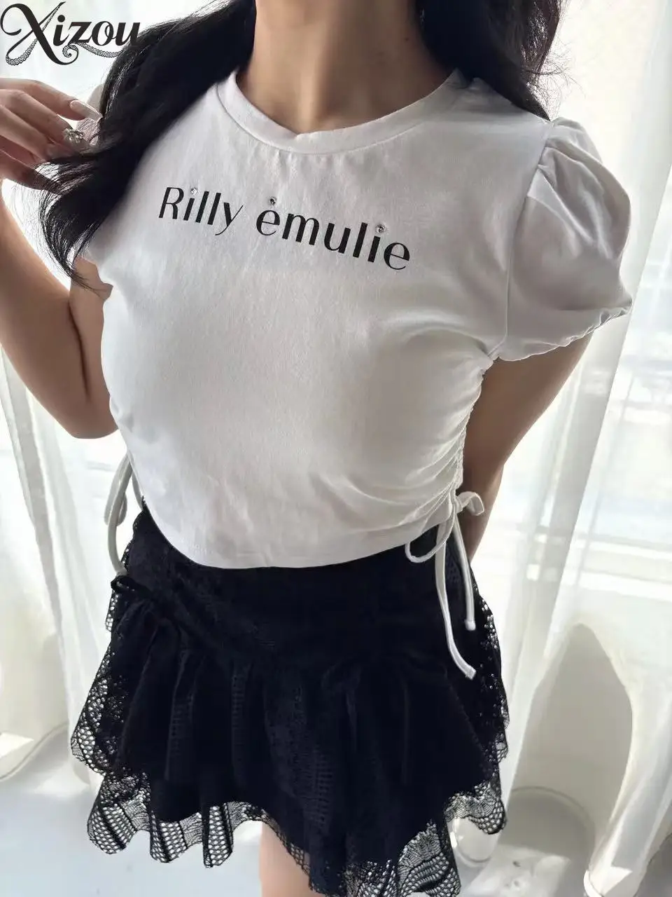 Y2K ボヘミアン レディース スカート ブラック ホワイト ハイローウエスト イレギュラー レース ショート スイート クール セクシー スパイシー ボウタイ リボン 夏 2025