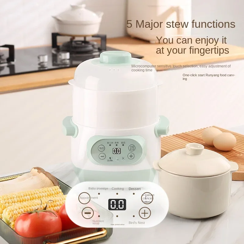 220v 1L Ceramic Mini Slow Cooker with Timer and Multi Cooking Functions  Healthy Soup Multi Cooker Stew Pot