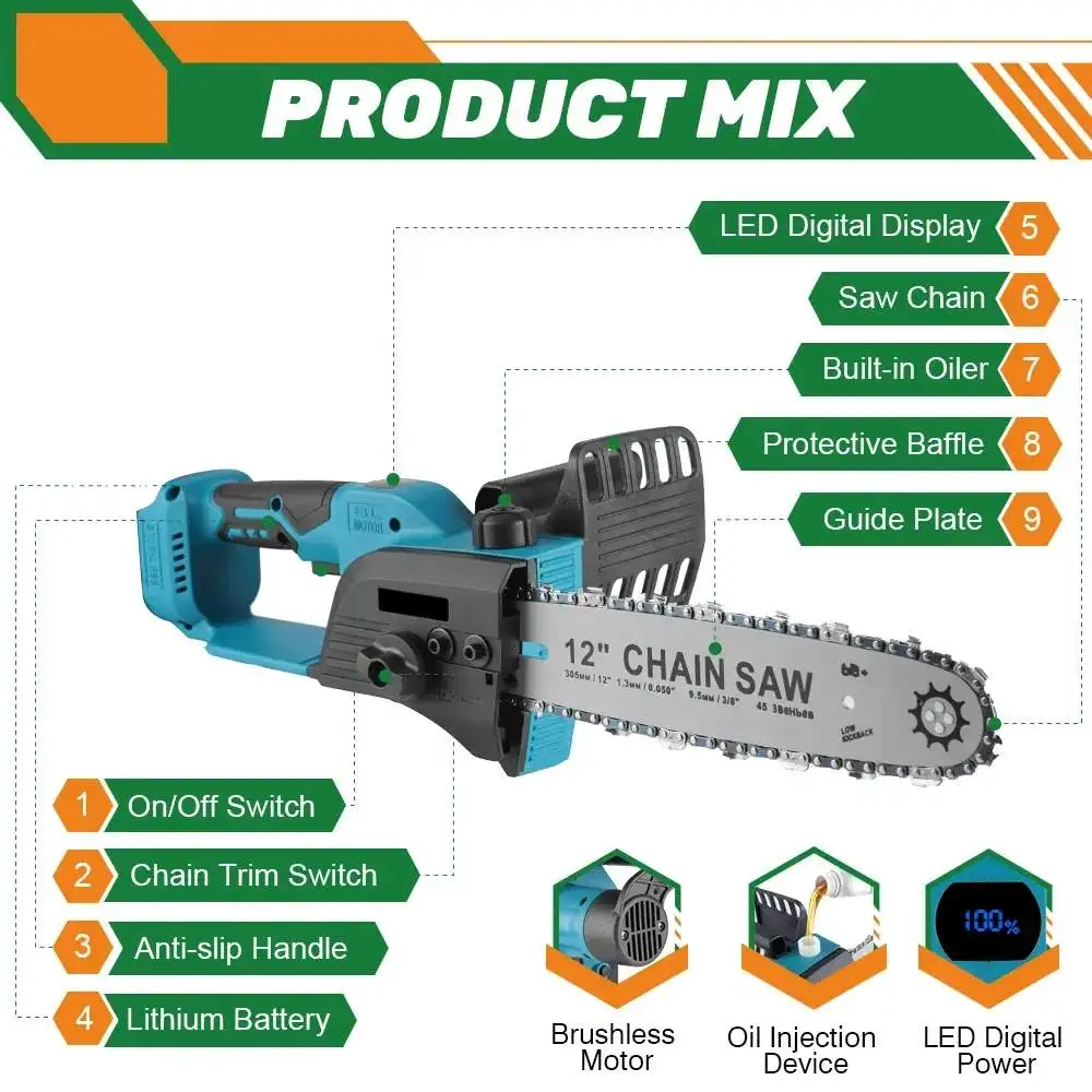 Imagem -02 - Brushless Motor Elétrico Chain Saw Woodworking Saw Tree Branches Cutter Makita 18v Bateria 2000w 12 m s Velocidade 12