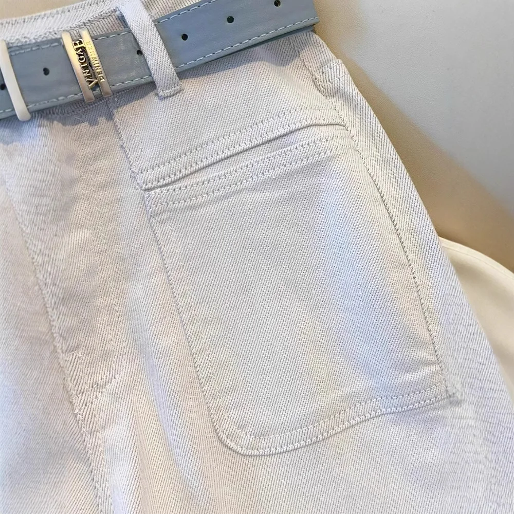 Jeans de perna larga cinza claro e branco feminino primavera 2025 novas calças de cintura alta estreitas e retas