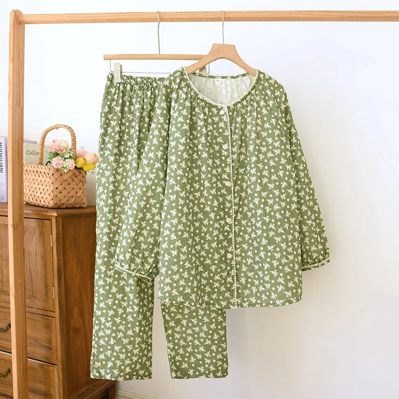 

fresh Sweet pajamas sets women double gauze cotton sleepwear long-sleeve elegant pure cotton pyjamas plus size
