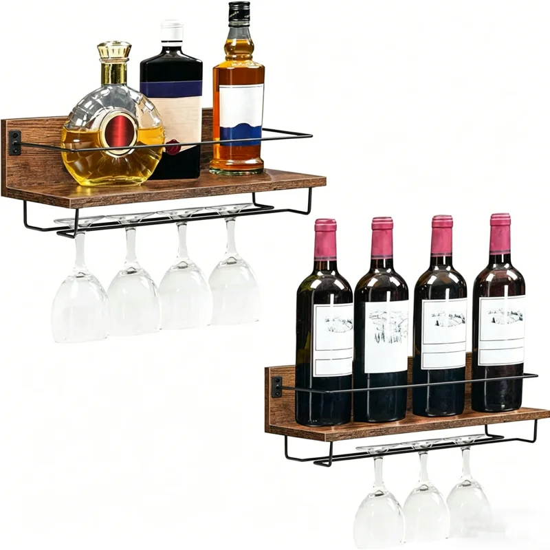 Wall Mounted Wine Rack with Glass Holder Wooden Floating Shelf Wine Hanger Storage Rack For Kitchen Living Room Dining Room