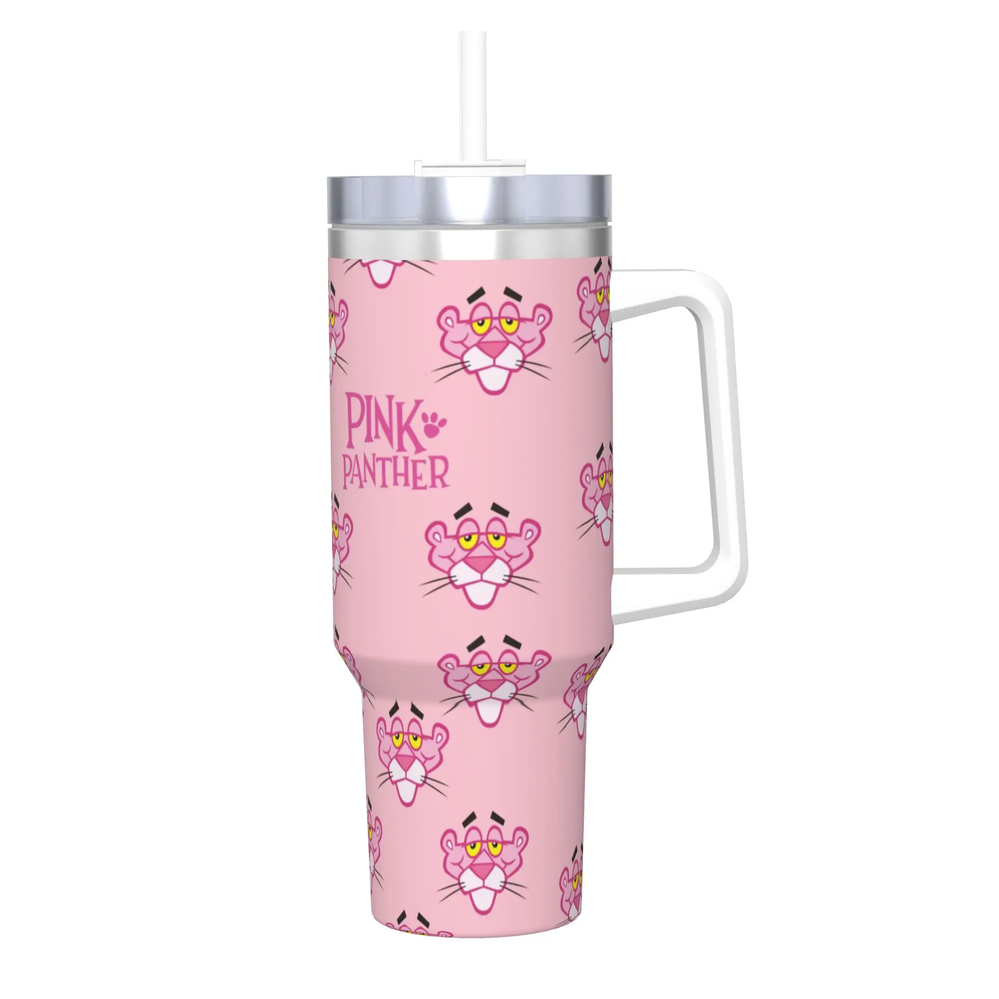

Pinks Panthers Insulated Tumbler with Straws Lid Head Cartoon Stainless Steel Coffee Mugs Double Wall Hot Cold Drinks Cup, 40oz