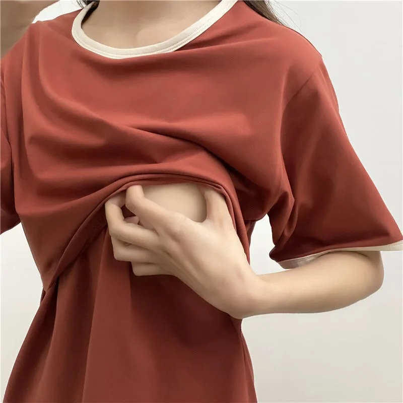 95% Cotton Maternity Mother Nursing Tees Breastfeeding Pregnancy Round Neck Short Sleeve Out Wear Nursing T-Shirt