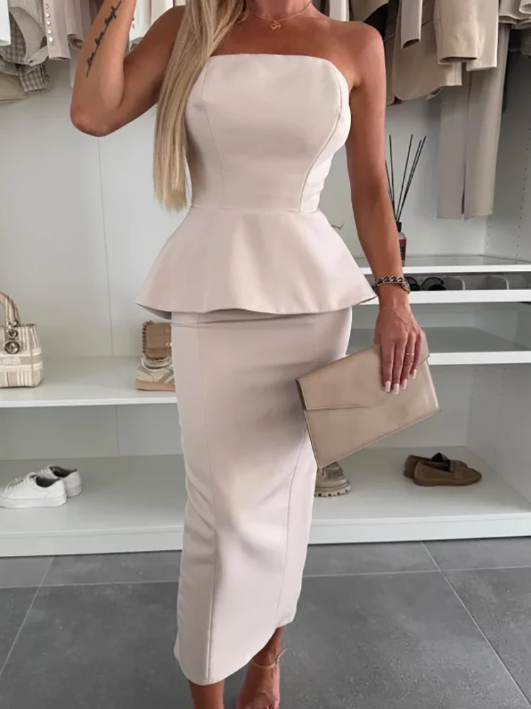 

Strapless Bandage Top Maxi Skirts 2PCS Sets, Women Summer Solid Patchwork Chic Outfit, 2025 Sleeveless Sexy Simple Ladies Suits