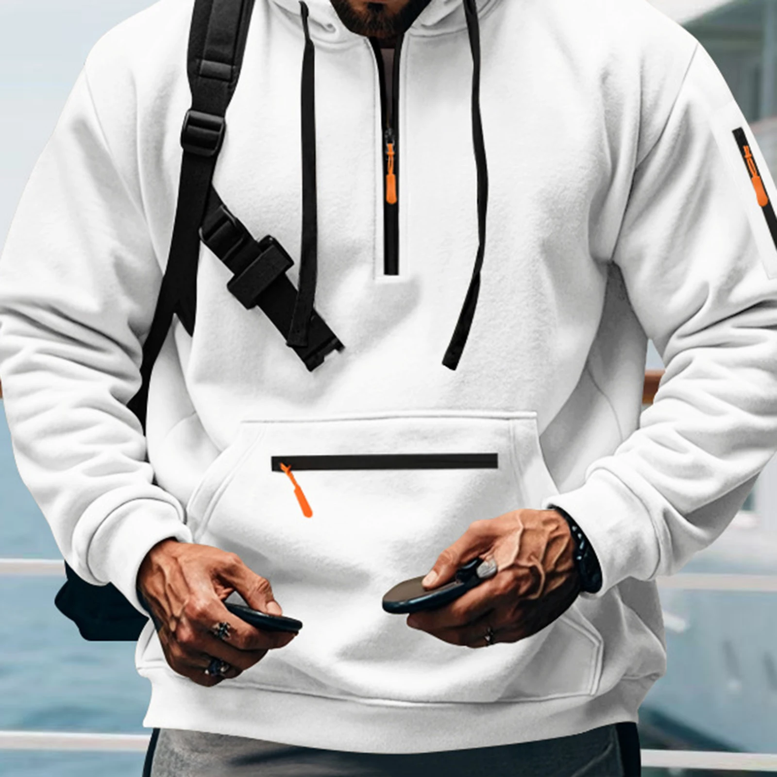 Moletom masculino outono inverno com cordão e bolsos casual de manga comprida com capuz