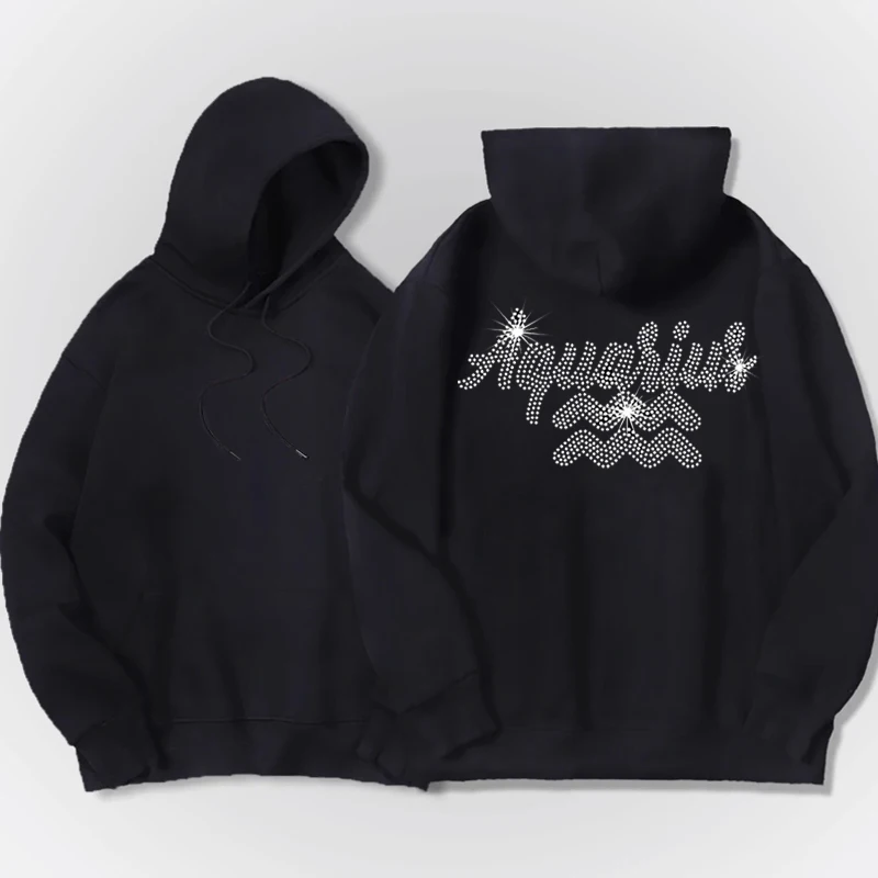 Fashion Mens Loose Sweatshirt Hoodies Black Aquarius Rhinestone pocket Hoody Male Casual Streetwear Jacket Coats Unisex Pullover