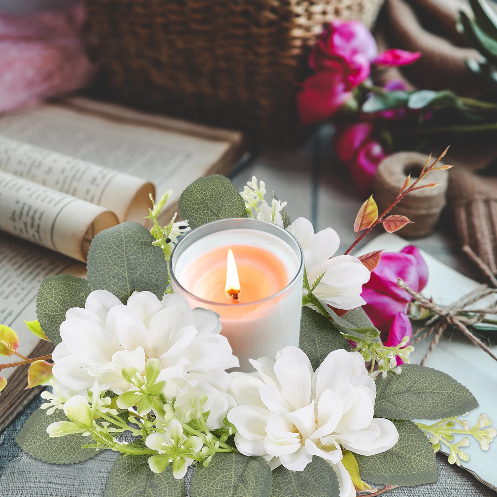 

Artificial Flower Ring Wreath Simulation Floral Pillar Ring Romantic Wedding Party Table Decor Desktop Decor