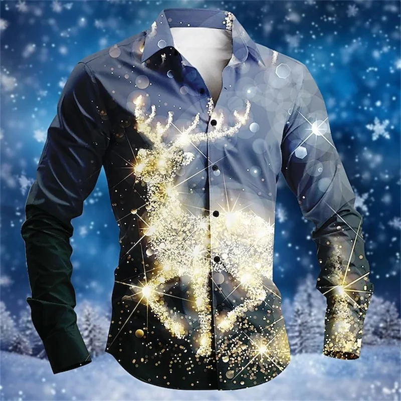 

New 2024 3D Print Christmas Elk Snowflake Graphic Shirts For Men Fashion Casual Men's Long Sleeve Button Up Shirt New In Blouse