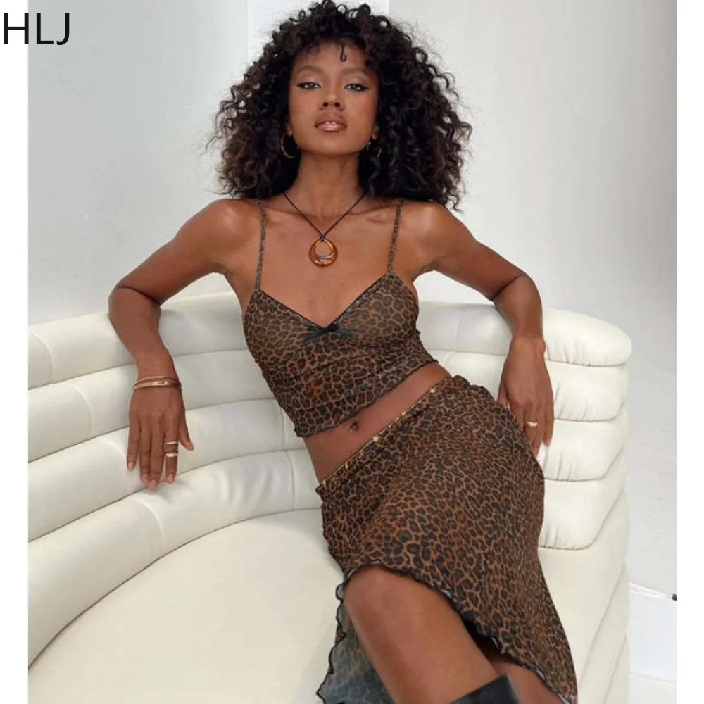 HLJ Sexy Mesh Leopard Print Skirts Two Piece Sets Women V Neck Thin Strap Sleeveless Crop Top And Skirts Outfits Female Clothing