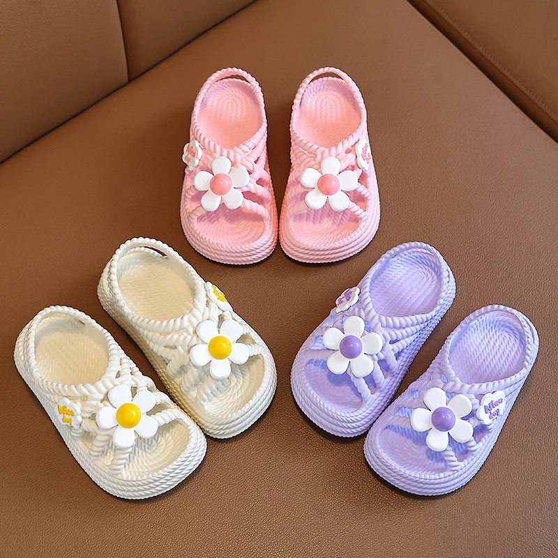 Trendy Cute Flower Decor Sandals For Girls,Summer Beach Shoes,Girls' Anti Slip Soft Sole External Wearing Slippers