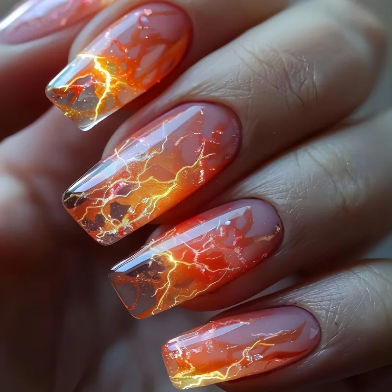24 pièces ambre feuille d'or presse sur ongles cercueil forme fille chaude Style paillettes résine faux ongles luxe automne hiver Nail Art Uñas 