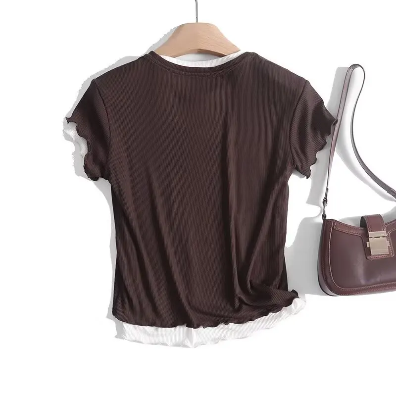 Primavera Estate Nuova T-shirt da donna Giuntura per orecchie in legno rotonda Ne ort Sve Pendolarismo Sle Stagione estiva Lunghezza regolare