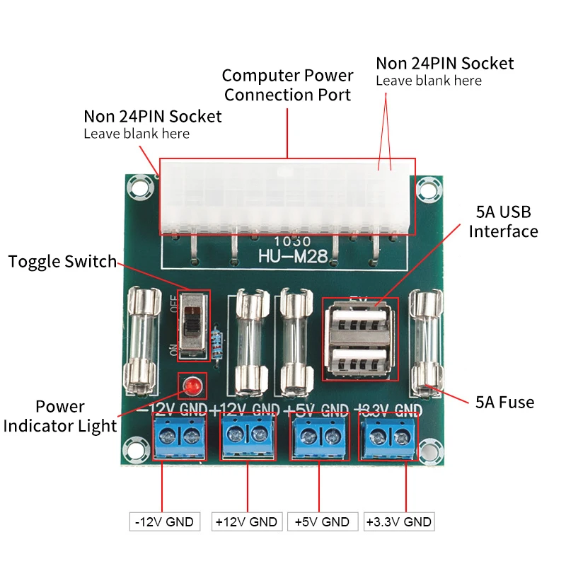 HU-M28 desktop pc atx fonte de alimentação placa de transferência de fuga com interface usb módulo de saída de energia placa atualizada com caso