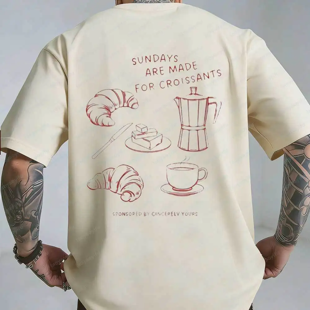 Men's T-Shirt Sundays Are Made for Croissants Coffee Print Casual Tee Retro Food Graphic Cotton Tops for Daily Wear Streetwear