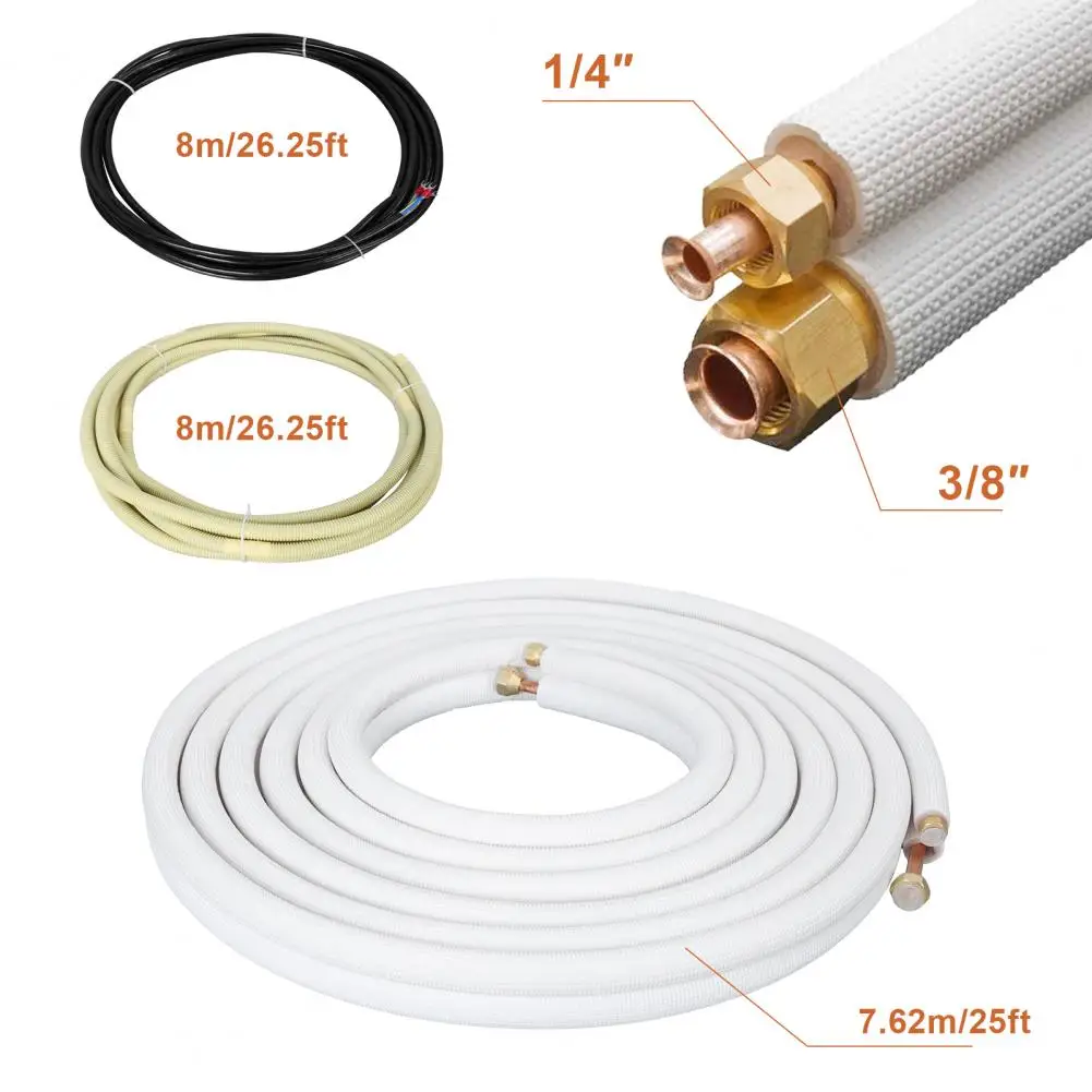 25FT Air Conditioner Pair Coil Tube 1/4In 3/8In Insulated Wire Set 1P Air Conditioner Parts Refrigerant Tube For Fixed Frequency