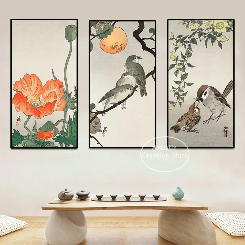 Japanese Flower Birds Poster Canvas Painting Print Oriental Asian Landscape Ink Watercolor for Living Room Wall Art Home Decor