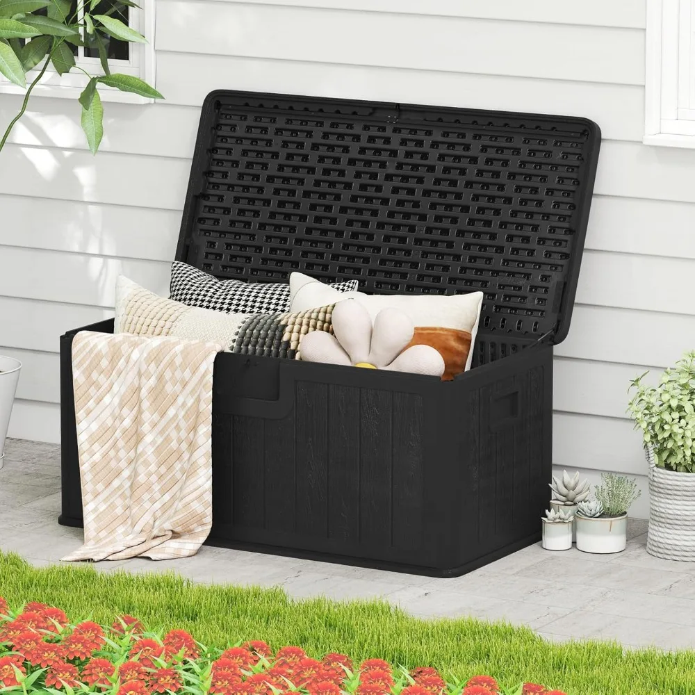 100 Gallon Deck Box, Waterproof Resin Box with Lockable Lid, 440Lbs Outdoor HDPE Storage Container Bench for Patio Furniture