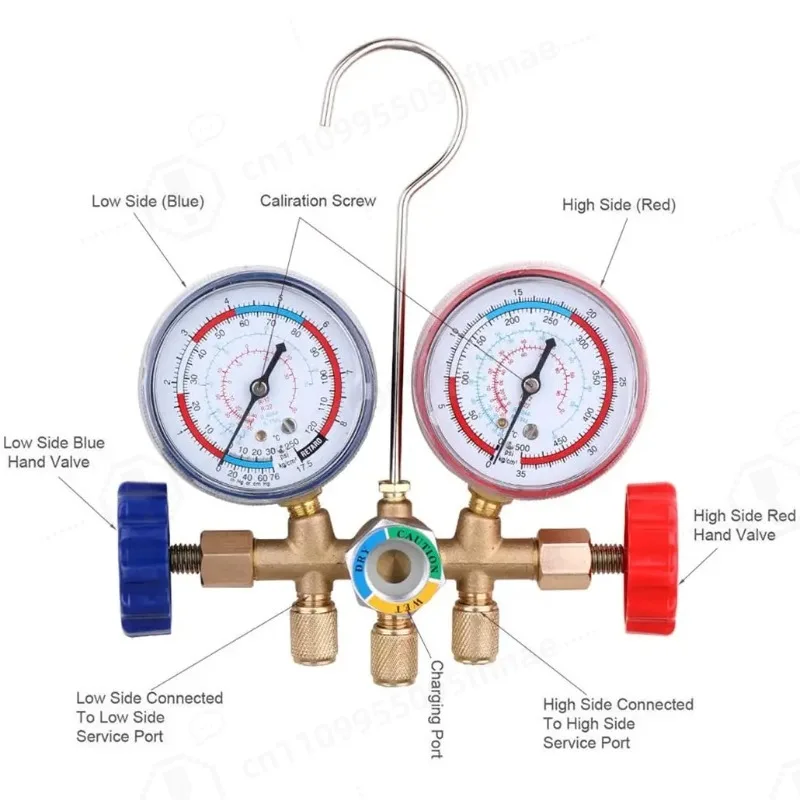 Air Conditioning Pressure Gauge  with Hose and Hook 3 Way AC Diagnostic Manifold Gauge Set for Freon For R12 R22 R404A  R134a