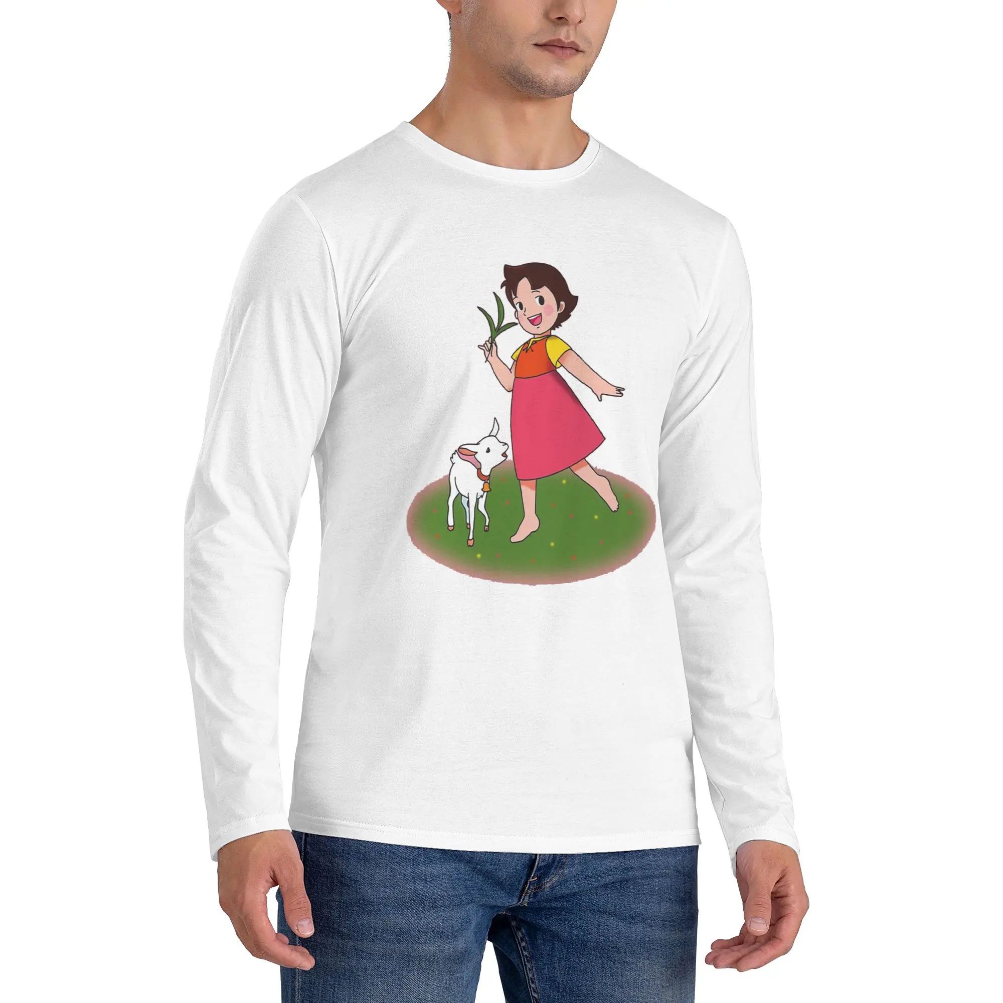 

Heidi мультфильм 70-х (2) Мужская футболка с длинными рукавами Модные футболки с круглым вырезом Весенние и осенние мужские топы