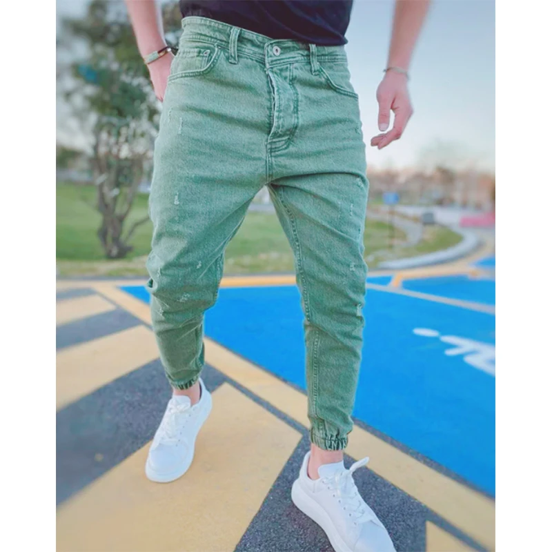 Fashion Men's Colorful jeans Oversized Slim Ripped Denim Trousers Bunched Foot pants Casual Stretch jeans for men Street Wear