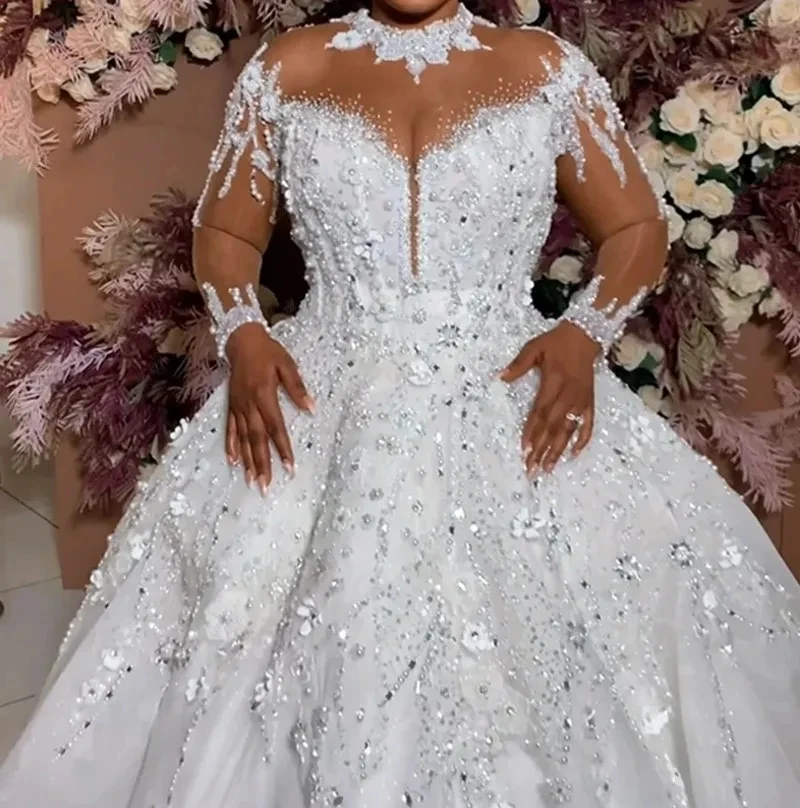 Luxury Arabic Wedding Dress 2025 High Neck See Through 3D Flowers Beads Pearls Corset Back Robe De Mariage Bridal Gowns Vestidos