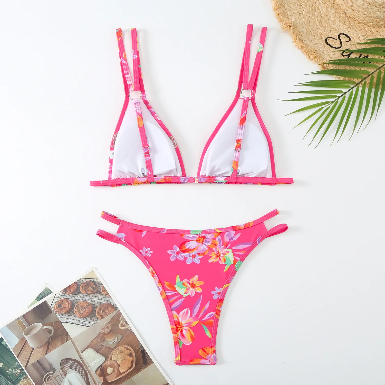 Fashion Flower Print Bikini Set 2024 Women's Beach Swimsuit Summer Vacation Swim Outfits Thong Suspender Backless Bathing Suit