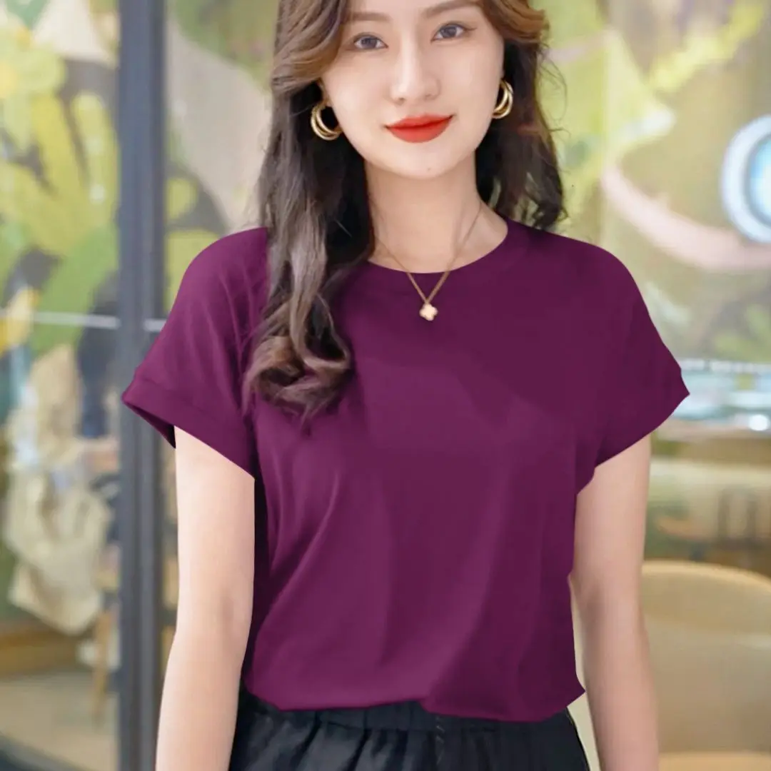 Piccole maniche volanti Nuovo versatile girocollo sottile design tinta unita estivo a maniche corte Top di nicchia pipistrello