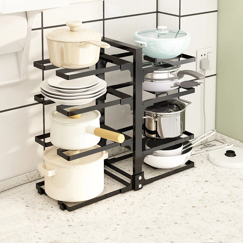 Kitchen Countertop Pot Rack Carbon Steel Adjustable Drain Storage Rack Multi-Layer Kitchen Pot Multifunctional Storage Rack