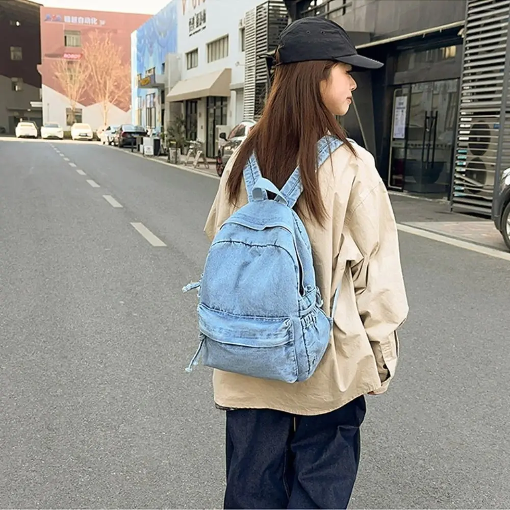 

Portable Y2K Denim Backpack Japanese Style Large Capacity Vintage Handbag Solid Color Street Style Solid Crossbody Bag Travel