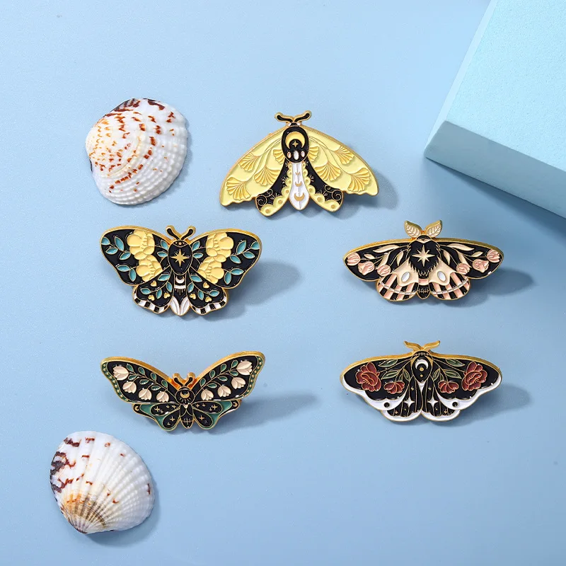 Floral Moth Butterfly Enamel Brooch Pins Cute Insect Lapel Pin Gothic Moon Star Badge Accessory On Backpack Clothing Ornament