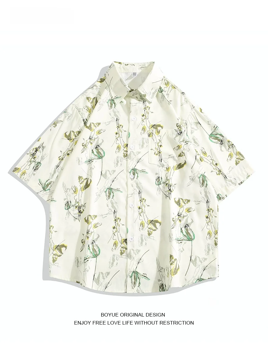 

Мужская летняя рубашка Boyue в винтажном стиле с растительным принтом, свободного кроя, модная, в японском стиле, молодежная, трендовая, с рукавом до локтя.